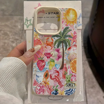 Summer Beach Party Collage Pattern Lychee Texture Phone Case For iPhone 11 12 13 14 15 16 17 Pro Max 14 15 Plus 17Air Soft Cover