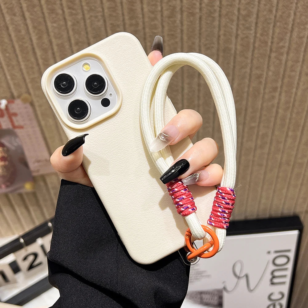 Lanyard Strap Rope Silicone Phone Case For iPhone 13 17 11 15 12 14 16 Pro Max Soft Candy Color Lichee Pattern Leather Cover