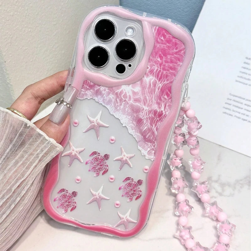 Summer Turtle Marine Elements Wavy-edge Phone Case For iPhone 17 16 15 14 13 12 11 Pro Max Plus 17E Clear Bead String Soft Cover