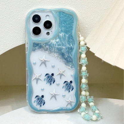Summer Turtle Marine Elements Wavy-edge Phone Case For iPhone 17 16 15 14 13 12 11 Pro Max Plus 17E Clear Bead String Soft Cover