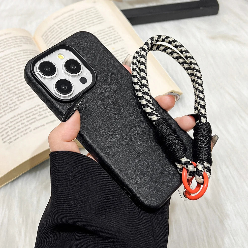 Lanyard Strap Rope Silicone Phone Case For iPhone 13 17 11 15 12 14 16 Pro Max Soft Candy Color Lichee Pattern Leather Cover
