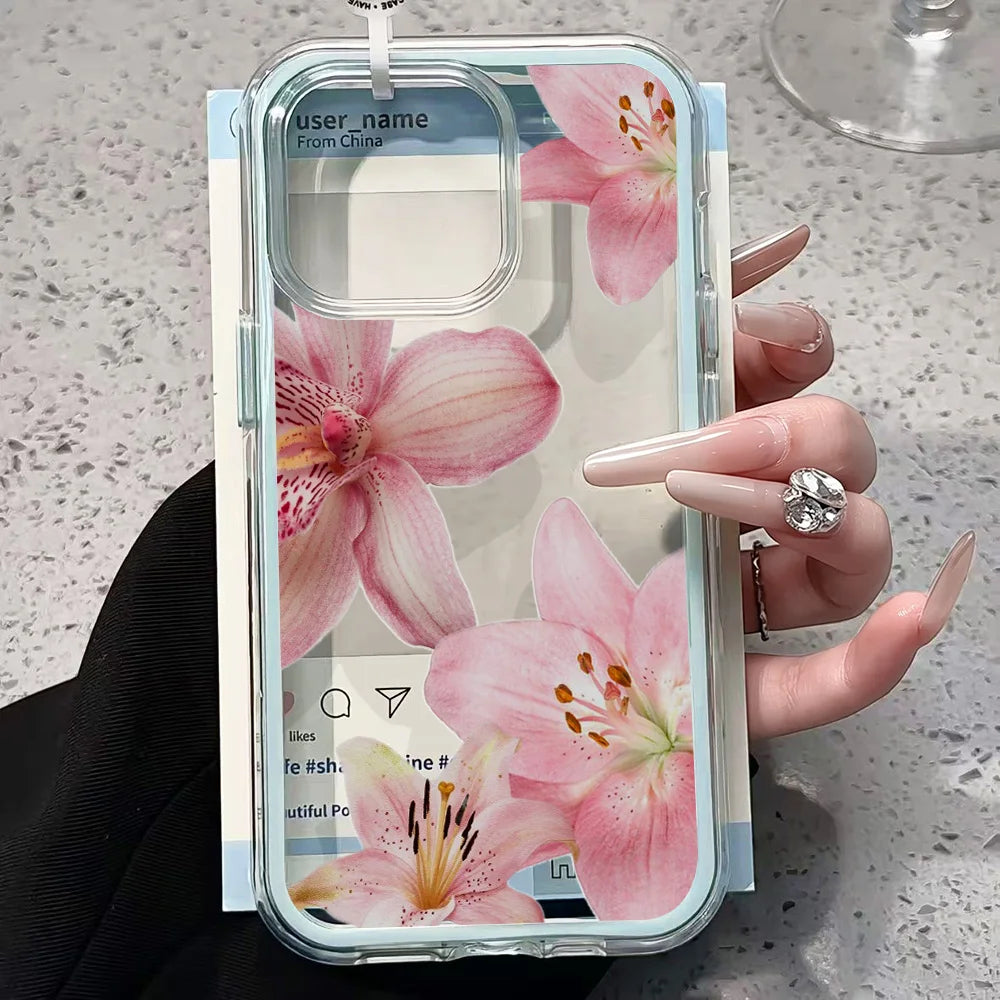 Pink Lily Flower Clear Phone Case For iPhone 17 13 16 15 11 12 14 Pro Max 17 Air XR X Case Silicone 2 IN 1 Shockproof Soft Cover