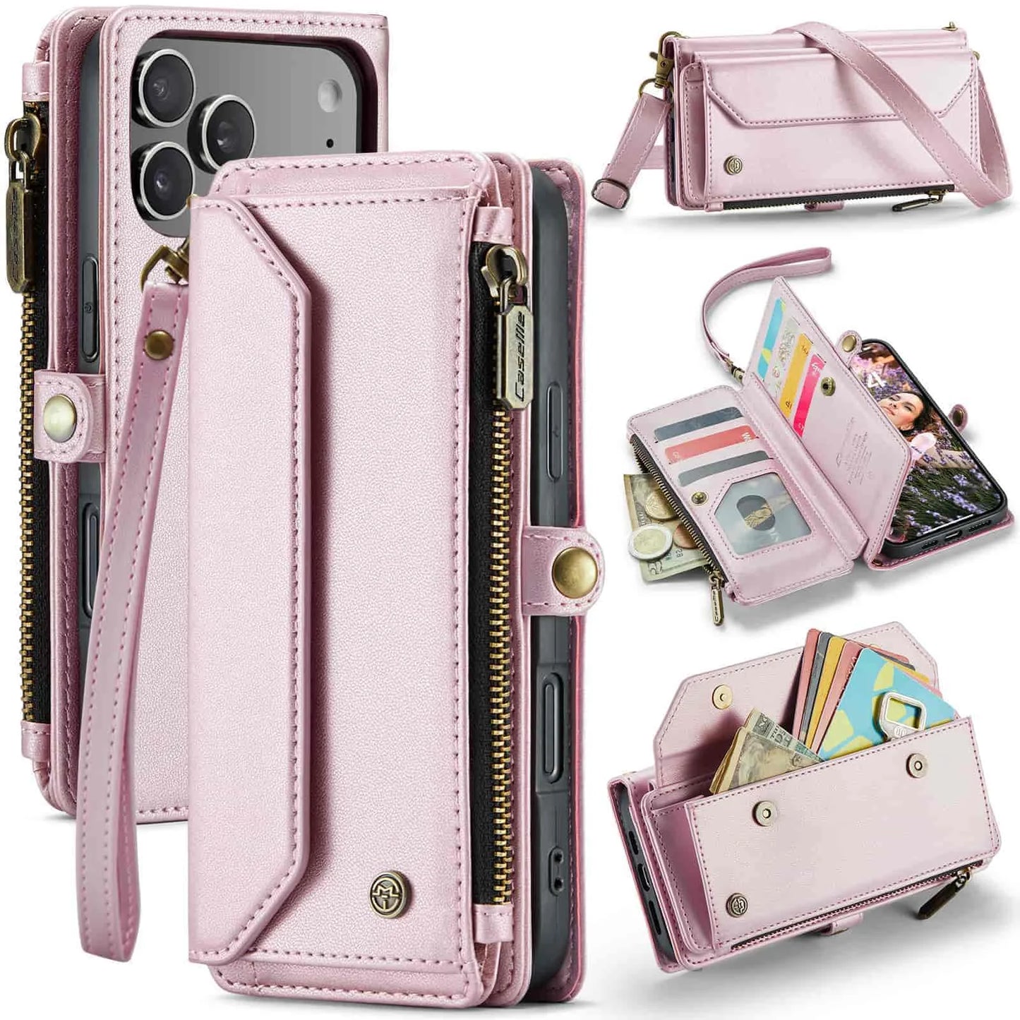 for iPhone Air/17/17 Pro/17 ProMax Case Wallet RFID Blocking with 7-Card Holder Zipper Bills,Wristlet Shoulder Strap Wallet Case