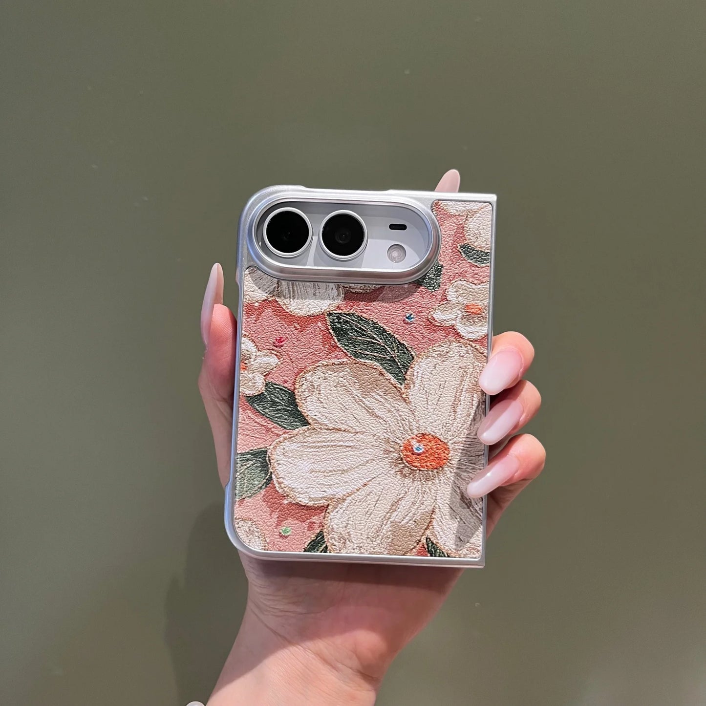 Korean Cute Leather Oil Painting Flower Phone Case for iPhone Ultra 18 Fold 18 Fold Ultra 18 Fold Shockproof Stylish Hard Cover