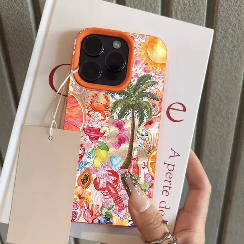 Summer Beach Party Collage Pattern Lychee Texture Phone Case For iPhone 11 12 13 14 15 16 17 Pro Max 14 15 Plus 17Air Soft Cover
