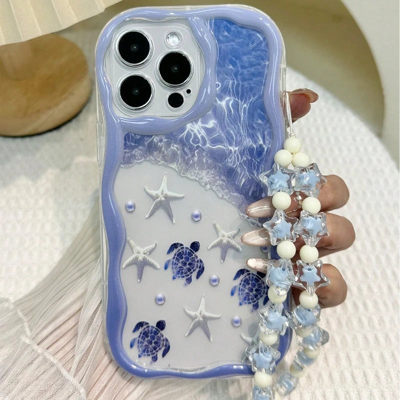Summer Turtle Marine Elements Wavy-edge Phone Case For iPhone 17 16 15 14 13 12 11 Pro Max Plus 17E Clear Bead String Soft Cover