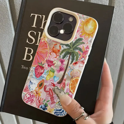 Summer Beach Party Collage Pattern Lychee Texture Phone Case For iPhone 11 12 13 14 15 16 17 Pro Max 14 15 Plus 17Air Soft Cover