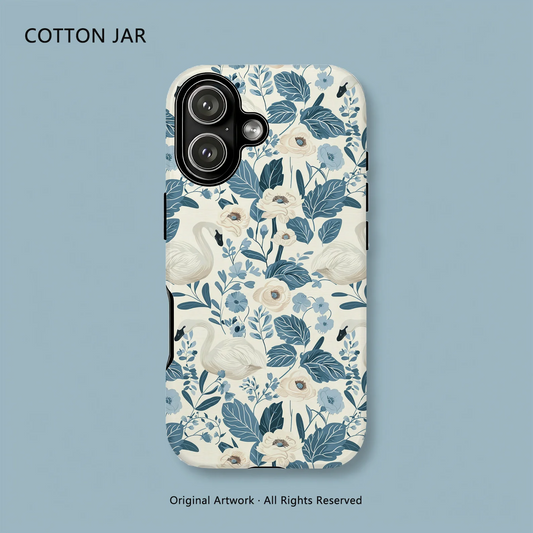 Elegant Swan Blue Floral Botanical Magnetic Case For iPhone 15 16 17 14 Pro Max Plus 13 12 Wireless Charging Shockproof Cover
