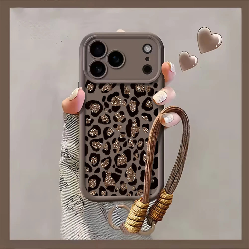 Leopard Print INS Hand Wrist Strap Case For iPhone 16 17 Pro Max Cases iPhone 11 12 13 ProMax 14 15 Plus With Lanyard Soft Cover