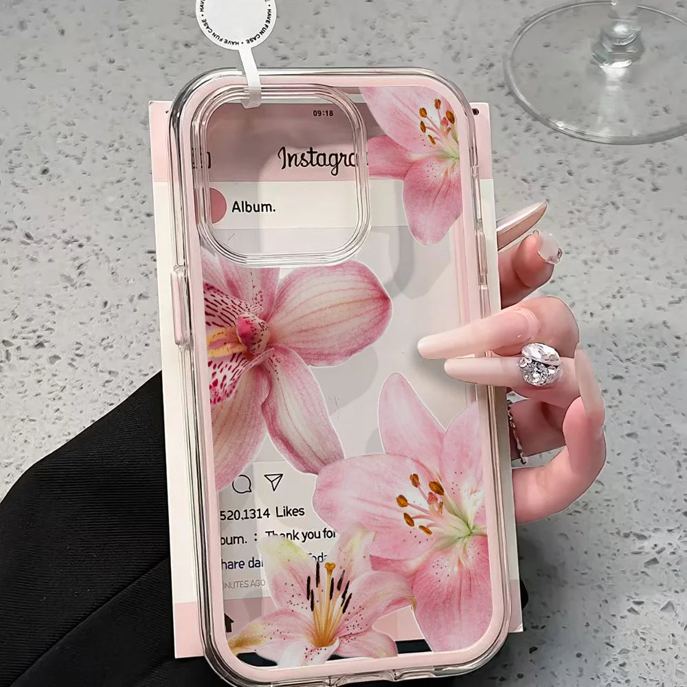 Pink Lily Flower Clear Phone Case For iPhone 17 13 16 15 11 12 14 Pro Max 17 Air XR X Case Silicone 2 IN 1 Shockproof Soft Cover