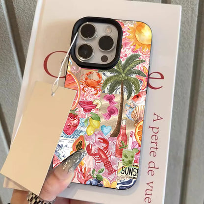 Summer Beach Party Collage Pattern Lychee Texture Phone Case For iPhone 11 12 13 14 15 16 17 Pro Max 14 15 Plus 17Air Soft Cover