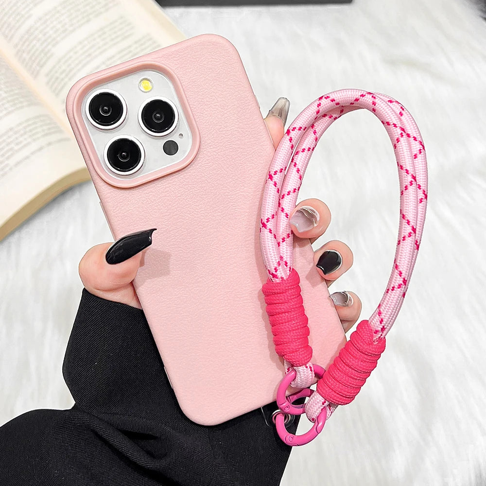 Lanyard Strap Rope Silicone Phone Case For iPhone 13 17 11 15 12 14 16 Pro Max Soft Candy Color Lichee Pattern Leather Cover