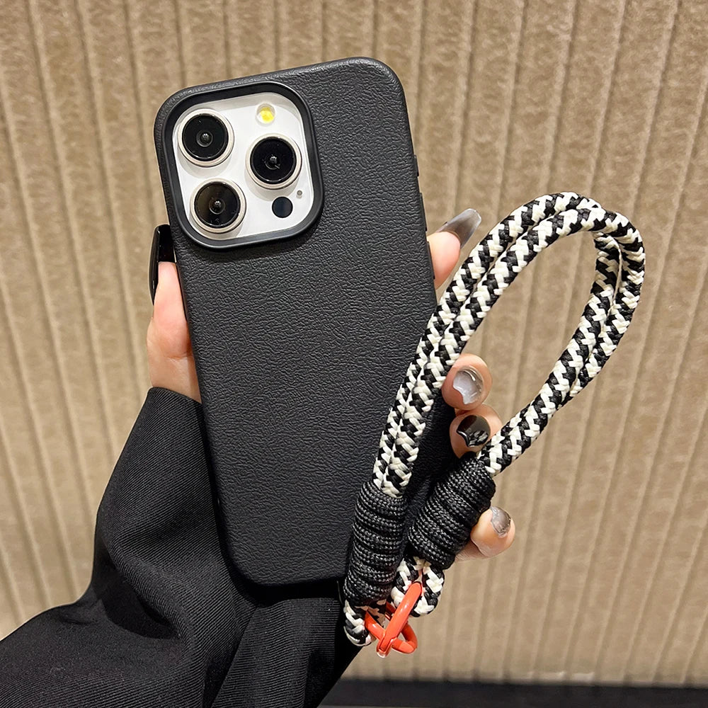 Lanyard Strap Rope Silicone Phone Case For iPhone 13 17 11 15 12 14 16 Pro Max Soft Candy Color Lichee Pattern Leather Cover